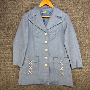 Vintage 70s Fashion Wagon Blue Chambray Lace Up Pocket Blazer Jacket Womens L